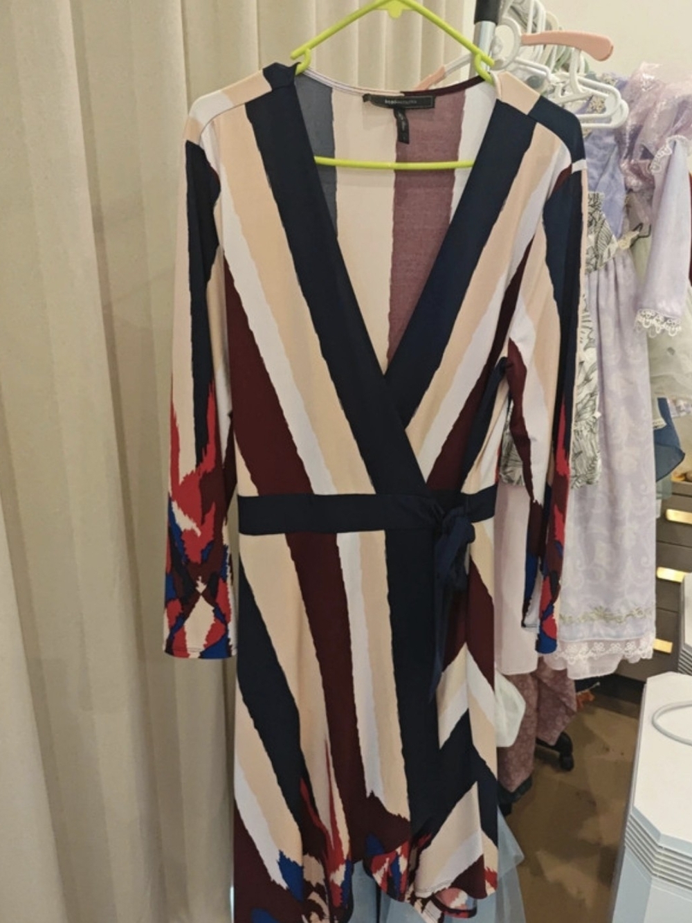 BCBGMaxAzria Multicolor Striped Wrap Dress - Navy, Beige & Burgundy